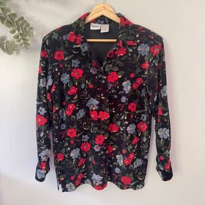Capacity Shirt Vtg Floral Corduroy Whimsigoth Witchy Button Down Black Red PM